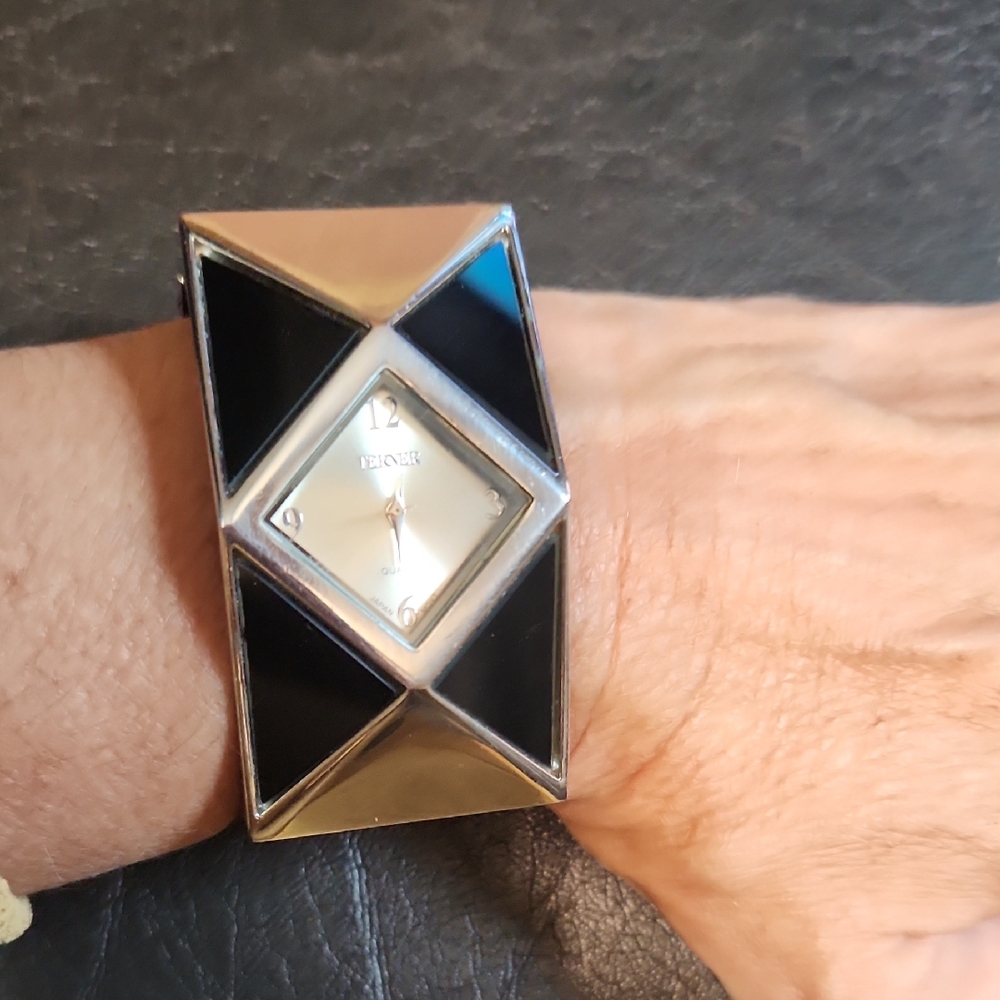 Bangle Watch with Black and Silver Accents